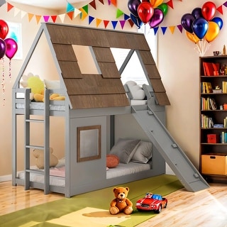 Twin Size House Bunk Bed with Window Roof and Ladder and Climbing Ramp ...