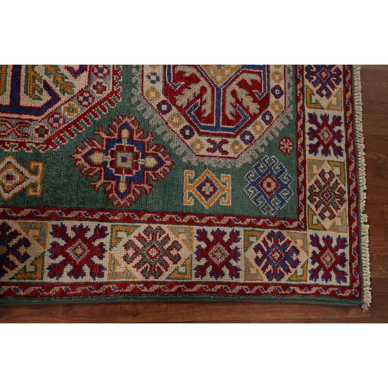 Traditional Green Kazak Accent Rug Hand-Knotted Wool Carpet - 3'5" x 4'11"