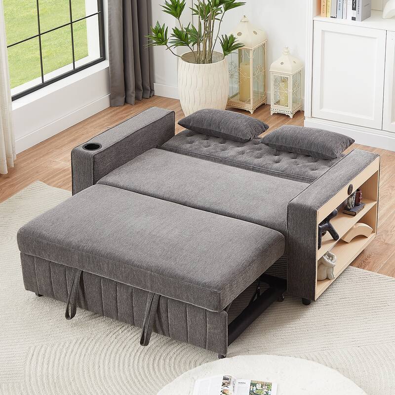 61.41" Chenille Convertible Sofa Bed with Adjustable Backrest, USB & Cup Holders