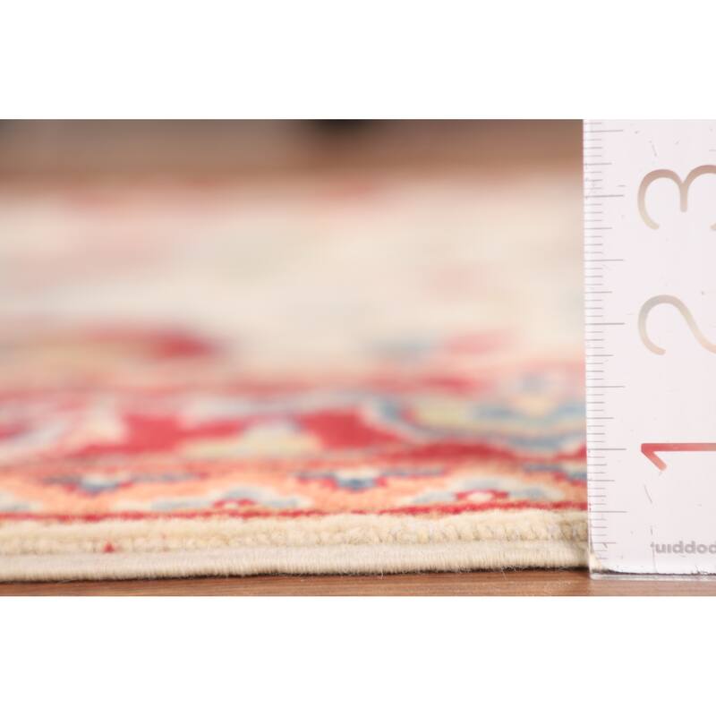 Blue Geometric Kazak Area Rug Hand-Knotted Oriental Wool Carpet - 4'11" x 6'7"