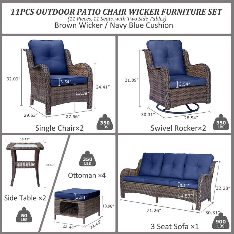 Rattan Wicker Outdoor Patio Furniture Sofa Set with Swivel Rocker Chairs
