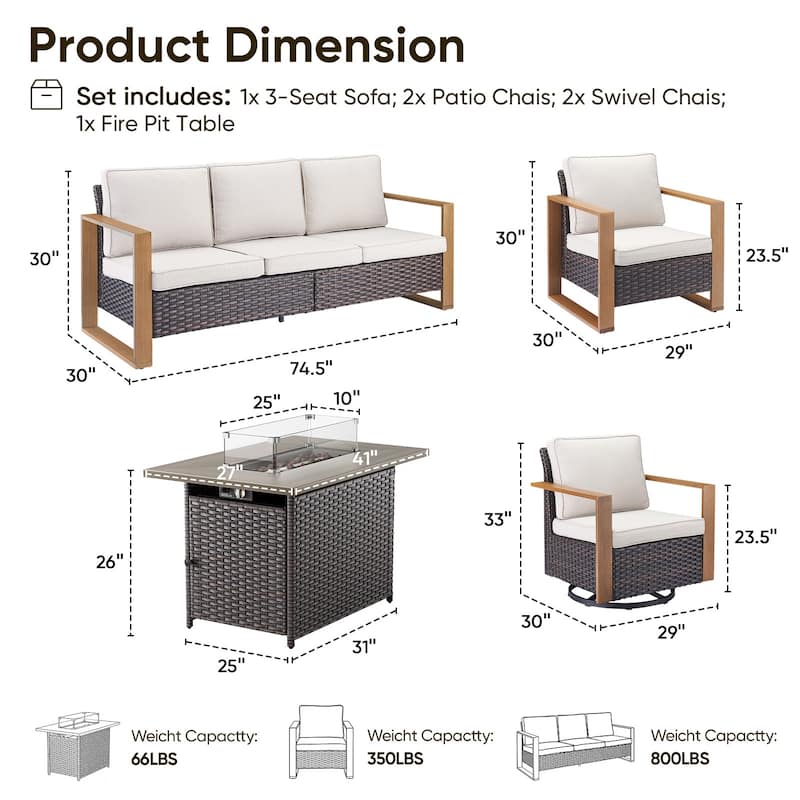 Pocassy Fire Pit Table with Outdoor Sofa Chair Ottoman Set