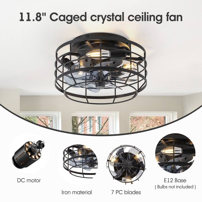 12" Low Profile Enclosed Cage Ceiling Fan with Light and Remote