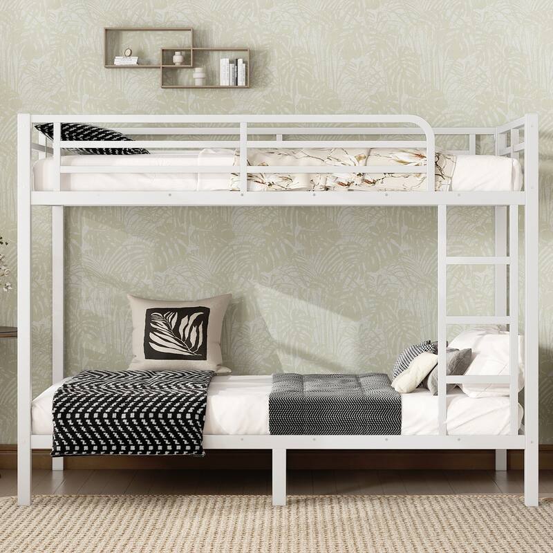 Metal Bunk Bed Frame with Safety Guardrail, Heavy Duty Metal Slat Support, Noise Free - White+Twin XL over Twin XL - Twin XL