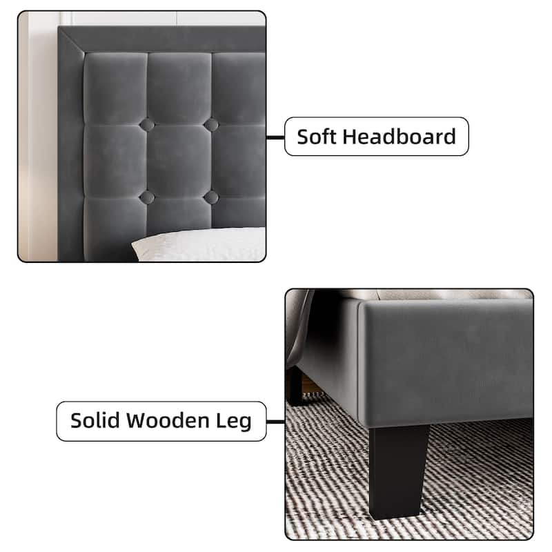 Upholstered Platform Bed Frame with Button Tufted Headboard and Wooden Slats