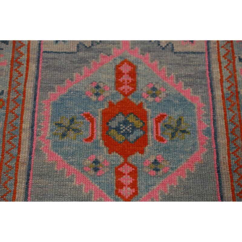 Hand Knotted Oriental 100% Wool Carpet Transitional Geometric Navy Blue & Blues Oushak Runner Rug - 14' 4'' X 3' 1''