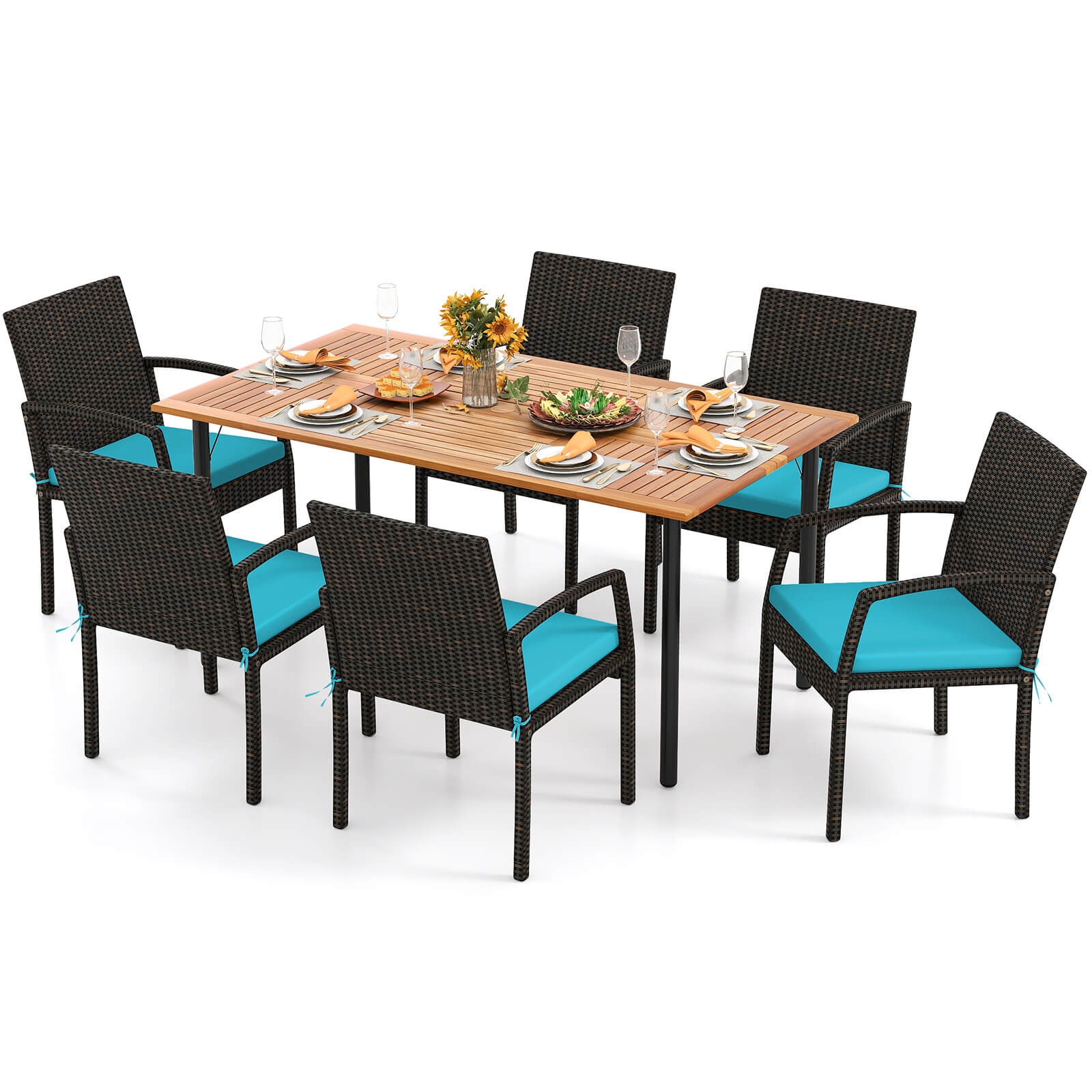 Costway 7PCS Patio Rattan Dining Set with Cushion Umbrella Hole - See details