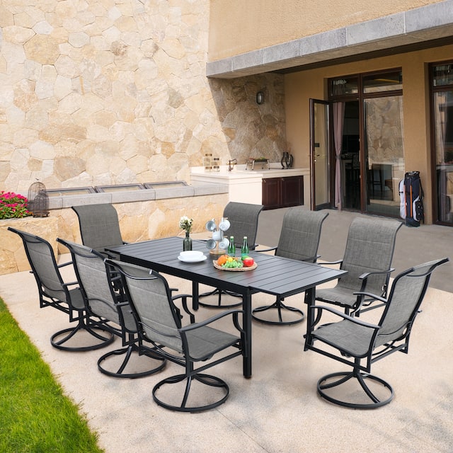Patio Dining Set 9/7 Pieces Outdoor Metal Furniture Set, 8/6 C Spring Motion Chairs and 1 Expandable Table - +Swivel Chairs(Without Umbrella Hole) - 9-Piece Sets