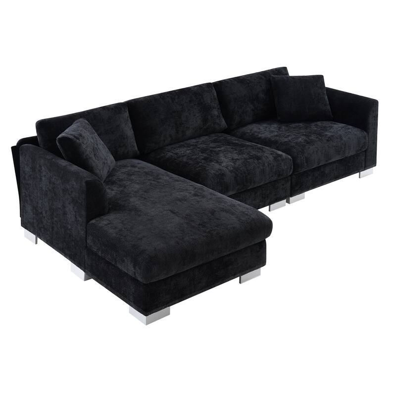 L-Shaped Sectional Sofa with Chaise Lounge, Oversized Chenille Upholstered Sofa, 4 Seater Sofa with 2 Throw Pillows