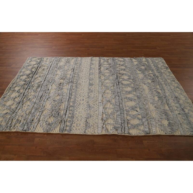 Beige & Gray Moroccan Shaggy Oriental Area Rug Handmade Wool Carpet - 4'11" x 7'8"