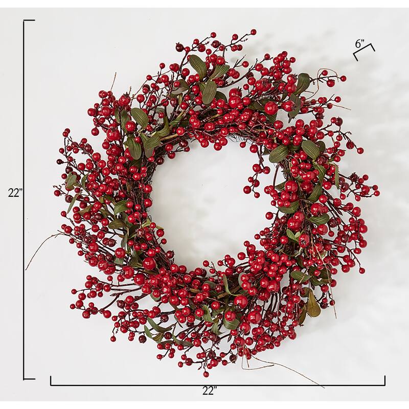 22" Artificial Christmas Red Holly Berry and Green Leaves Wreath on Natural Twig Base