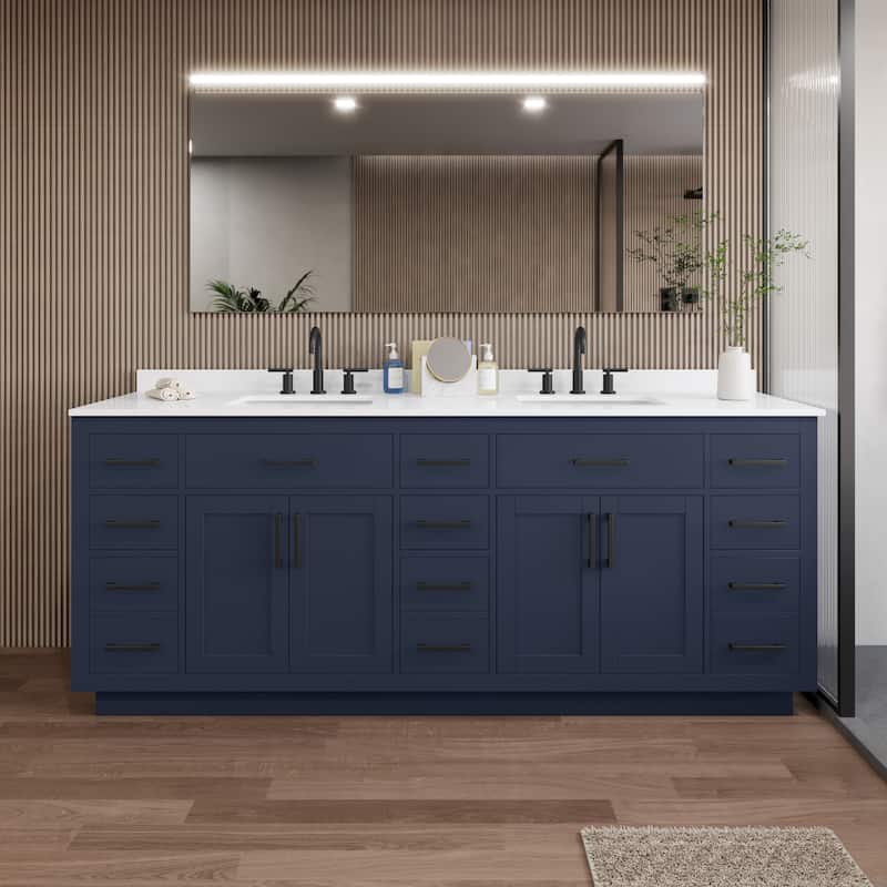 Wyndham Collection WCG262684D-QTZ-US3MXX Beckett TK 84" Free Standing - Dark Blue / White Quartz Top / Matte Black