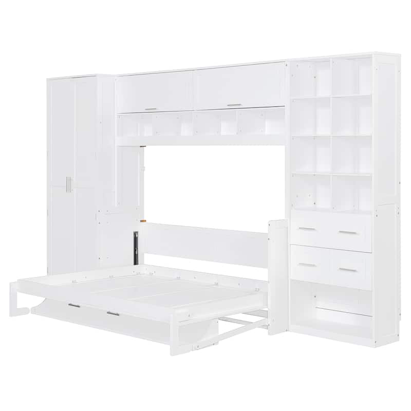 Full Murphy Bed with Built-In Closet & 3 Drawers - Wall-Mounted Foldable Bed with Storage Shelves