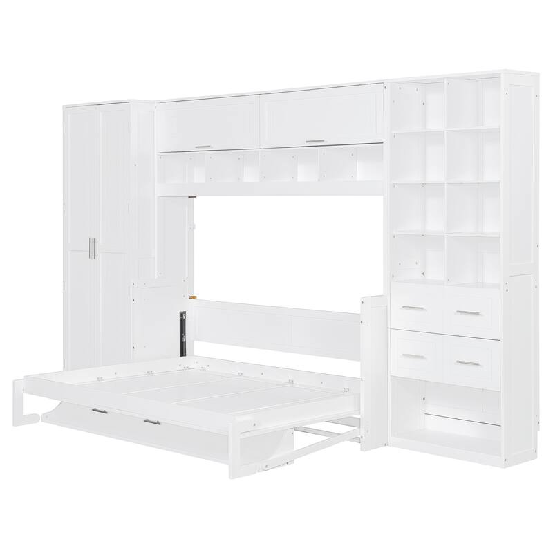 Full Size Murphy Bed Wall Bed with Closet, Drawers and Shelves, White