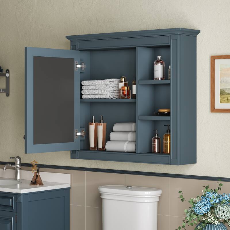 Roomfitters 30x28 Inch Medicine Cabinet, Wall Mounted Mirror Cabinet with 3 Open Shelves & Adjustable Interior Storage, Blue
