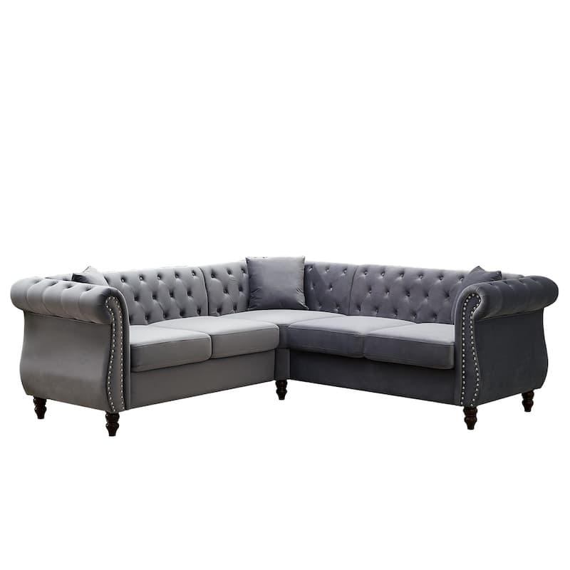 5-Seater Velvet L-Shaped Sectional Sofa with 3 Pillows and Wood Frame