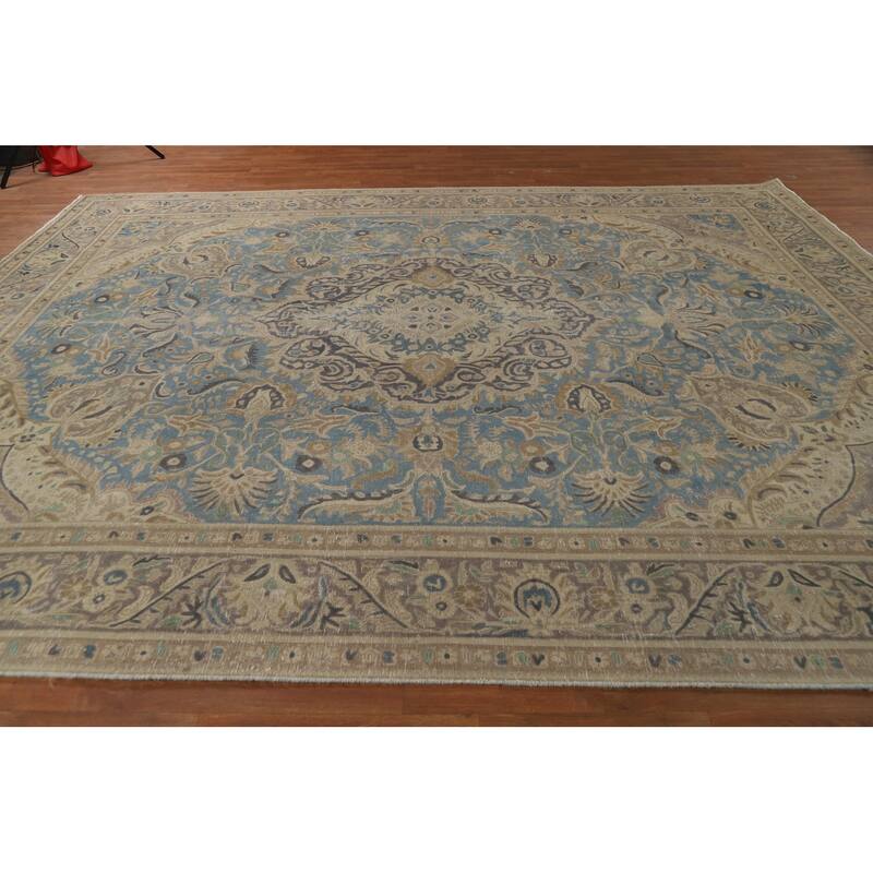 Floral Tabriz Persian Area Rug Hand-Knotted Blue Wool Carpet - 9'10"x 12'10"