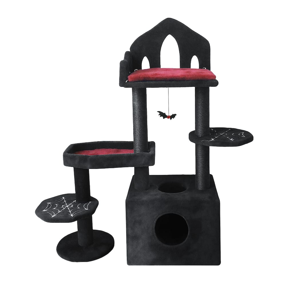 44.5 in Gothic Cat Tree, Multi-Level Spooky Cat Tree with Scratching Posts, Perches, Hammock, and Cat Cave for Indoor Cats