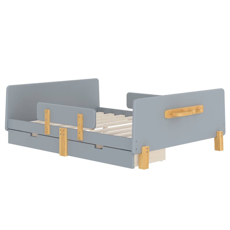 Roomfitters Platform Bed with Storage Drawers and Shelf, Solid Wood Frame with Hooks and Guardrails