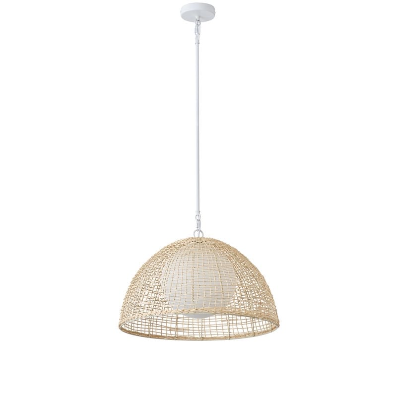 Modern 1 Light White Rattan and Frosted Glass Pendant Light Matte White Ceiling Fixture