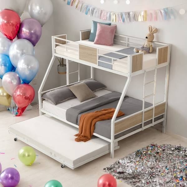 slide 2 of 9, Twin Over Full Metal Bunk Bed with Trundle,2 Side Ladder For Home Brown+White