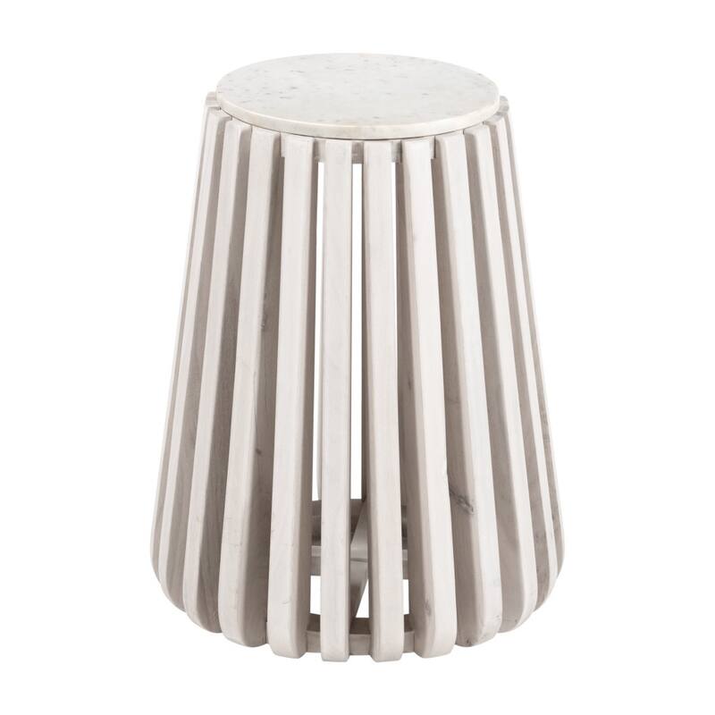 HomeRoots 23" White and Natural Distressed Marble and Wood Round Drum End Table - 15.00 in. x 22.80 in. x 19.00 in.