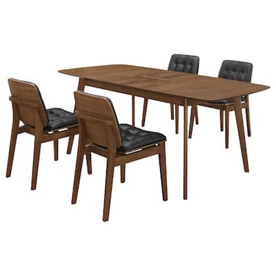 Bera 5pc Dining Set w Chairs, 59-75 Inch Extendable, Walnut Brown, Black Faux Leather