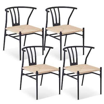 Set of 4 Hand-Woven Rope Dining Chairs with Metal Frame and Curved Back Ergonomic Design - 23” x 18.3” x 31.5”