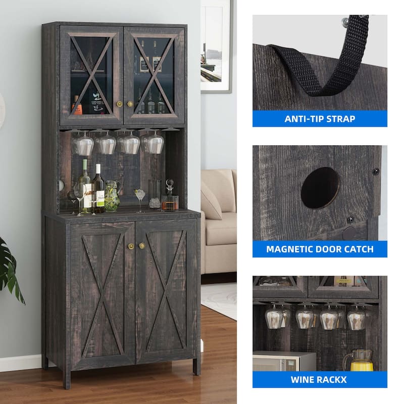 Moasis Coffee Bar Cabinet Kitchen Storage Cabinet with 2 Glass Doors & Wine Racks