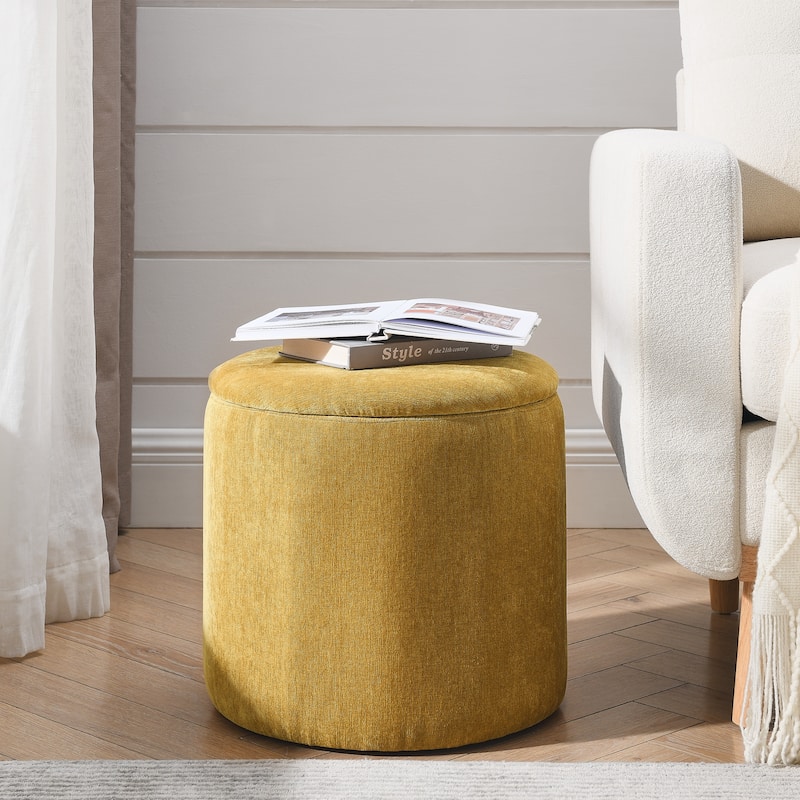 2-Piece Set Round Chenille Storage Ottoman, Equipped with a Drum Shaped Small Stool,Storage Space