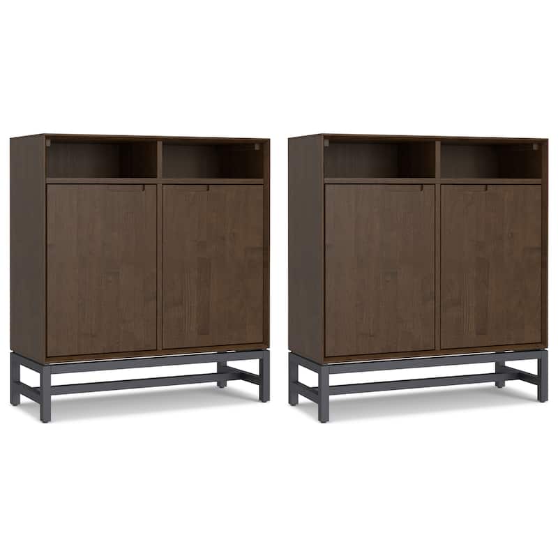 Simpli Home Banting Solid Wood 36 inch Storage Cabinet in Walnut Brown (Set of 2) - 14" D x 36" W x 39" H
