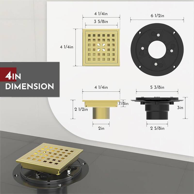 4-Inch Square Shower Floor Drain, Quadrato Pattern Grate - 4 inch