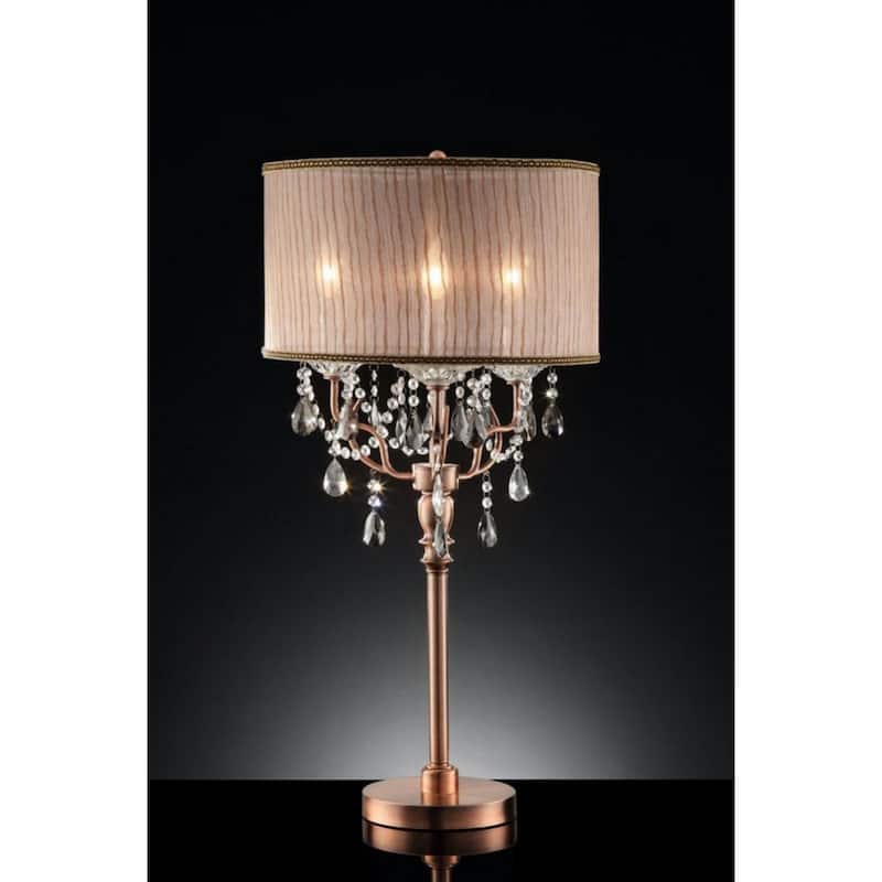 Copper Metal Bedside Lamp with Brown Cotton Drum Shade Faux Crystal Accents In-Line Switch - 17” x 17” x 32” (D x W x H)