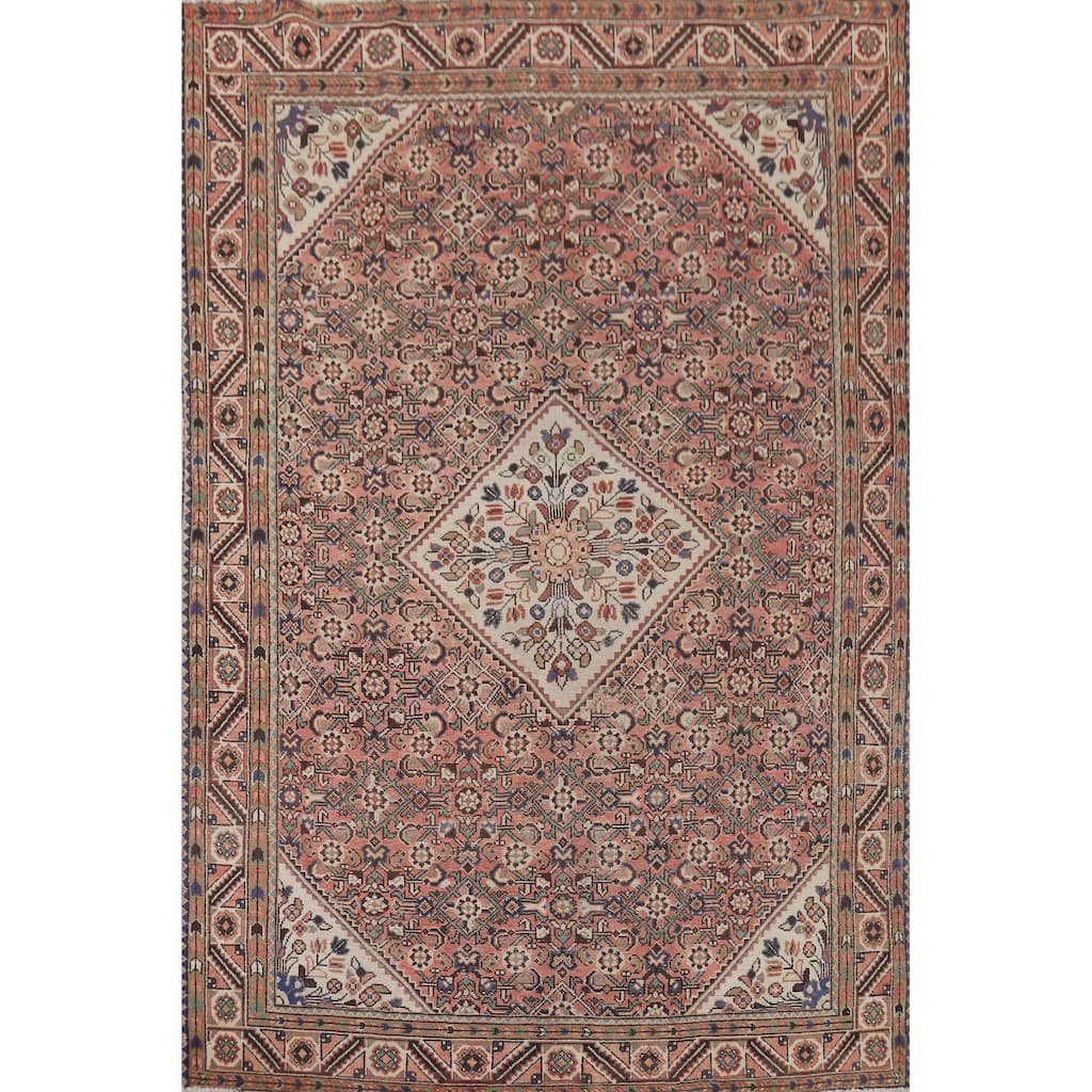Geometric Pink Hamedan Vintage Persian Area Rug Handmade Wool Carpet - 7'5" x 10'4"