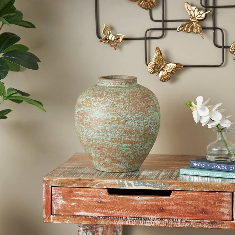 Brown Ceramic Antique Style Textured Patina Decorative Vase - Brown