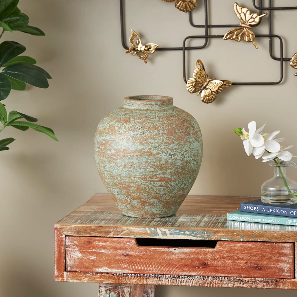 Brown Ceramic Antique Style Textured Patina Decorative Vase