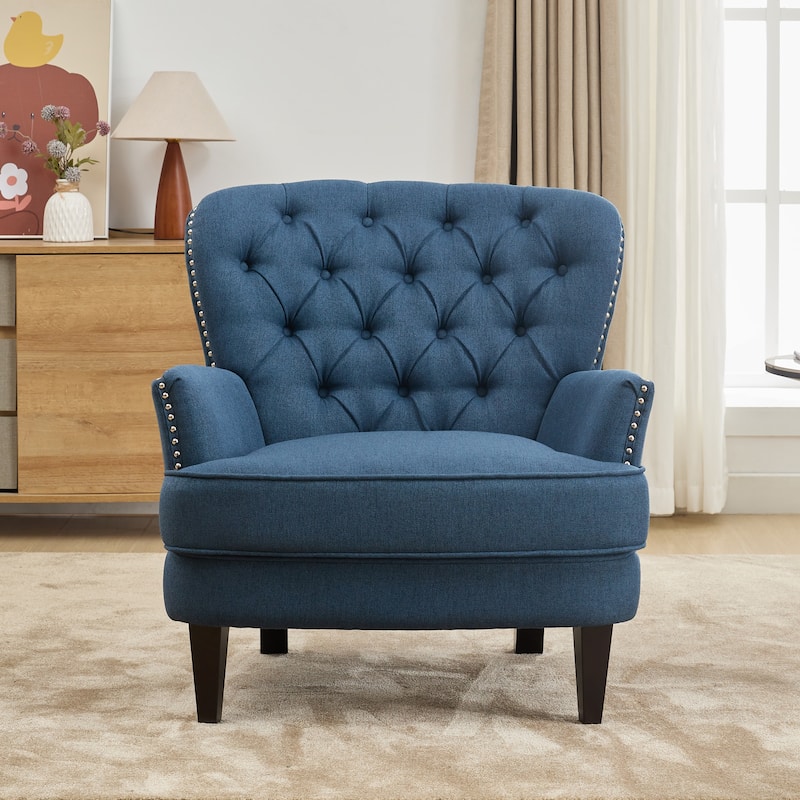 Vintage-Inspired Upholstered Lounge Chair with Nailhead Trim ,Solid Wood Legs for Stability and Elegant Curved Backrest