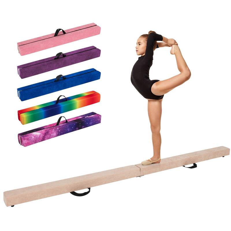 Gymax 9 FT Folding Gymnastic Beam w/Anti-slip Base Pine Wood Frame - Brown