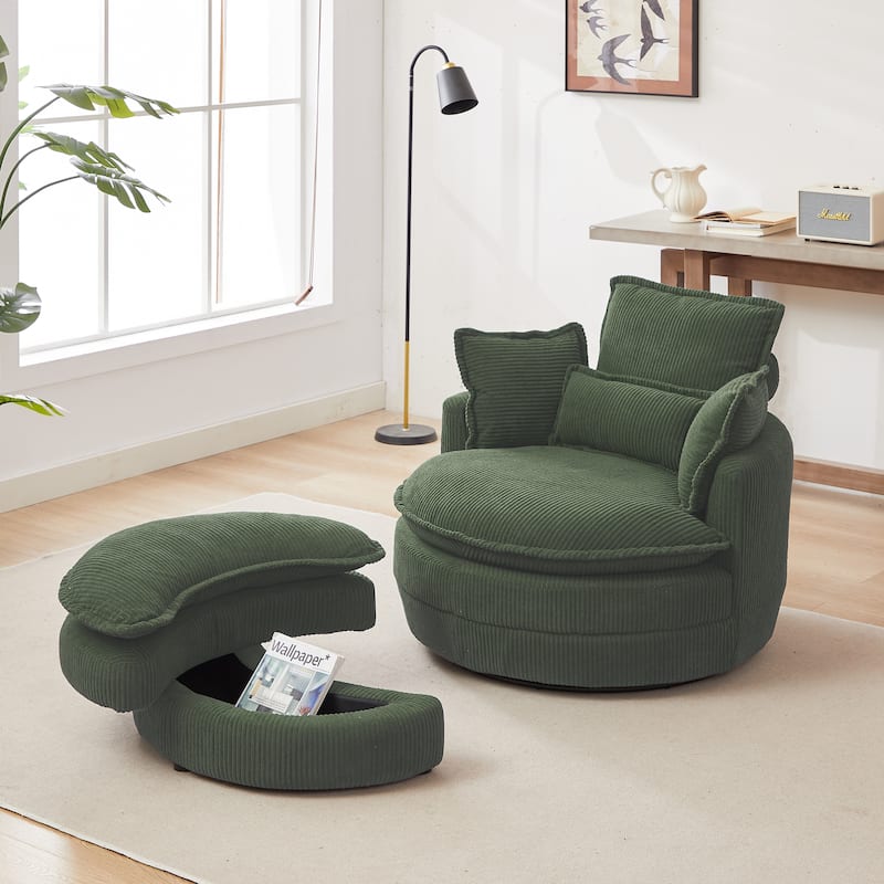 52" Upholstered Swivel Barrel Chair with Moon Storage Ottoman