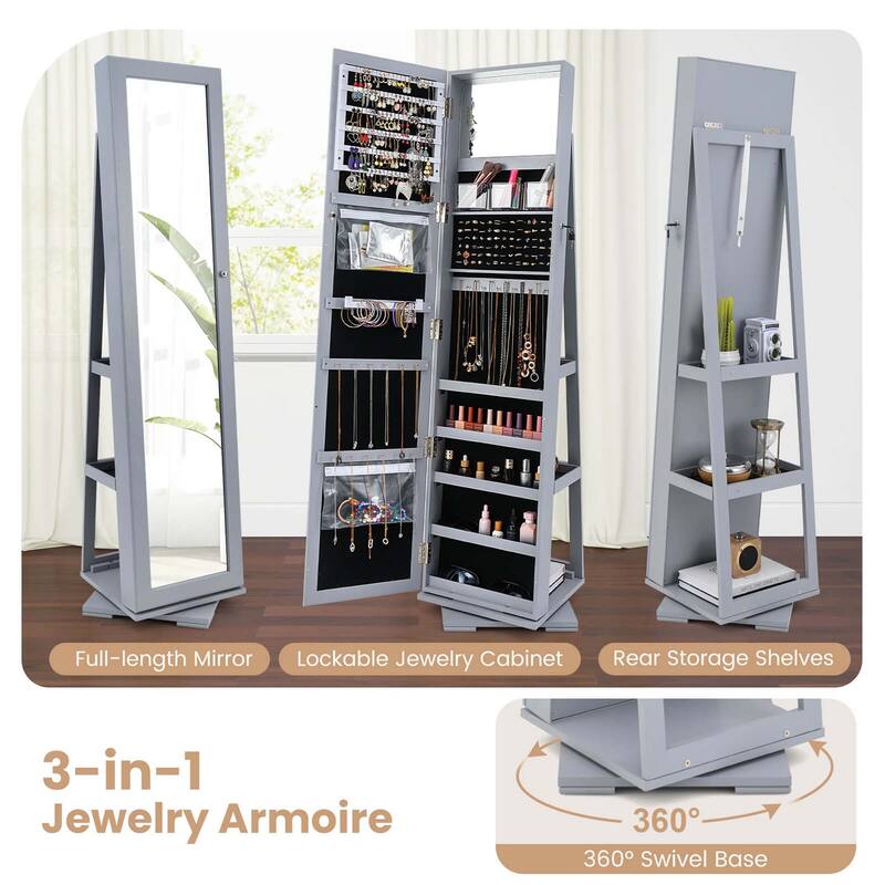 Costway 360degree Rotatable Jewelry Cabinet 2-in-1 Lockable Mirrored - See Details