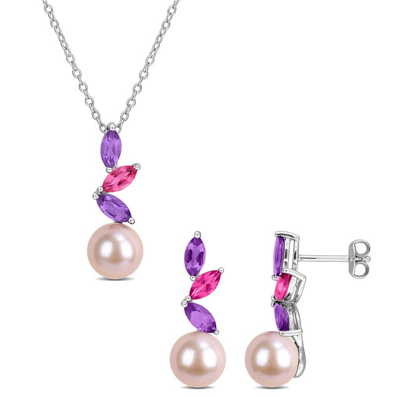 Miadora Sterling Silver Gemstone and Cultured Freshwater Pearl Necklace and Earrings Set - Pink