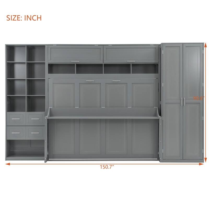 Full/Queen Size Murphy Wall Bed with Closet and 2 Storage Drawers, Space Saving Foldable Murphy Cabinet Bed with Storage Shelves
