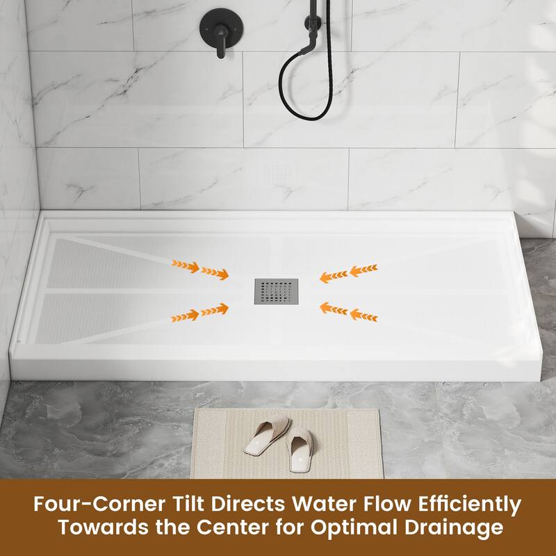 60 in. x 32 in. Elegant White Single Threshold Anti-slip SMC Rectangular Shower Base with Drain and Stainless Steel Drain Cover