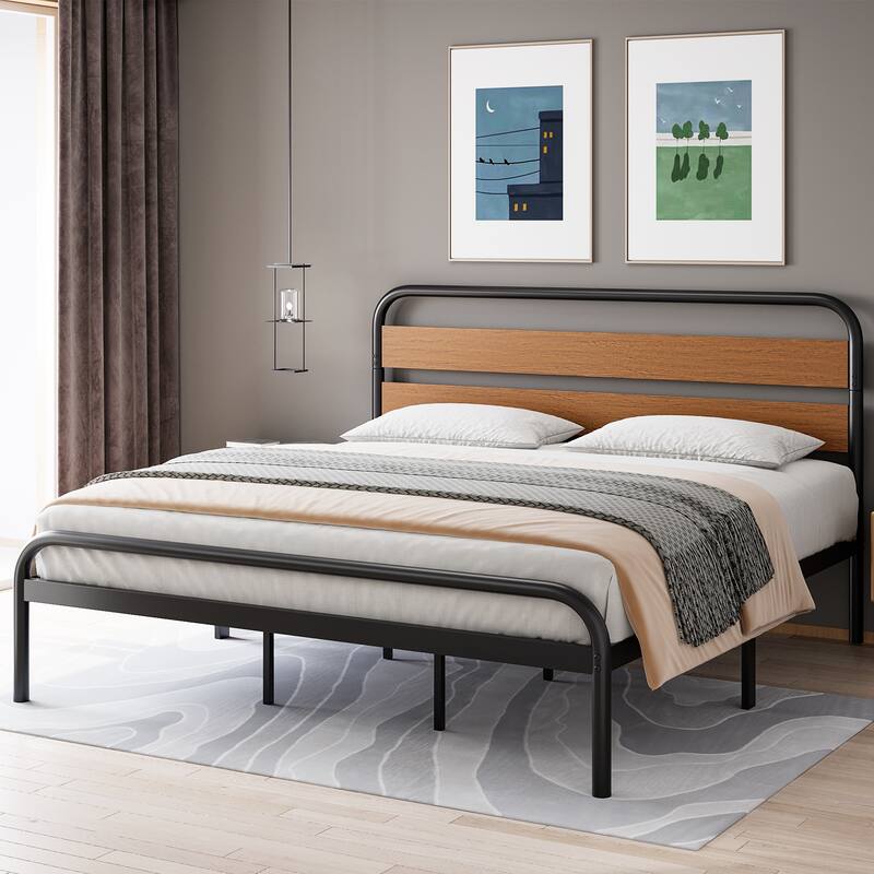 Platform Bed Frame with Wood Headboard, Heavy Duty Metal Slat Support, Noise Free Design