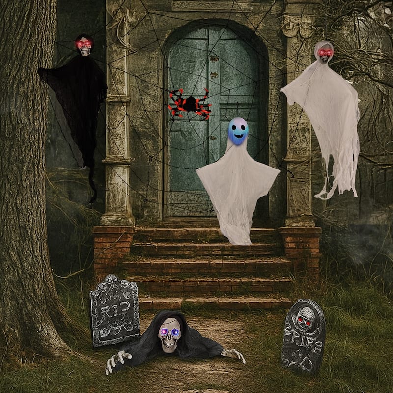 8-Piece Halloween Decorations Set with LED Eyes Ghosts Gravestones Skeleton and Giant Cobweb