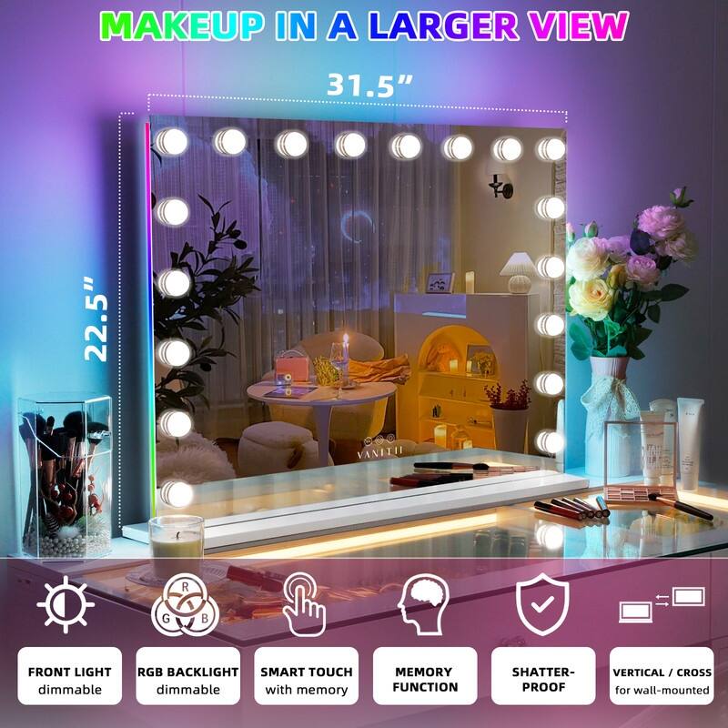 VANITII Hollywood Vanity Makeup Mirror With RGB Strip Lights-18 Dimmable LED Bulbs 32'' x 23'' Wall Mount