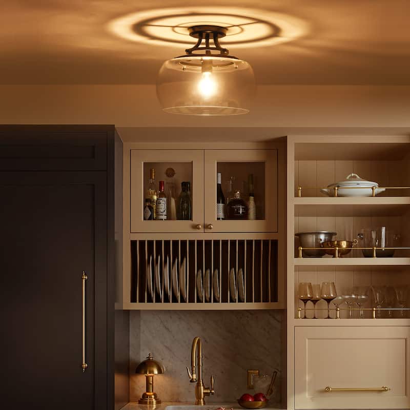 1-Light 13.8" W Modern Schoolhouse Matte Black Semi-Flush Mount Ceiling Light with Clear Dome Glass Shade for Bedroom