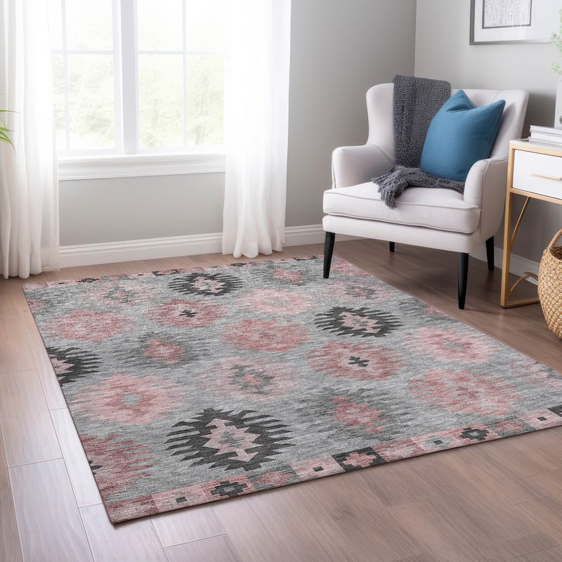 Machine Washable Indoor/ Outdoor Boho Tribal Chantille Rug