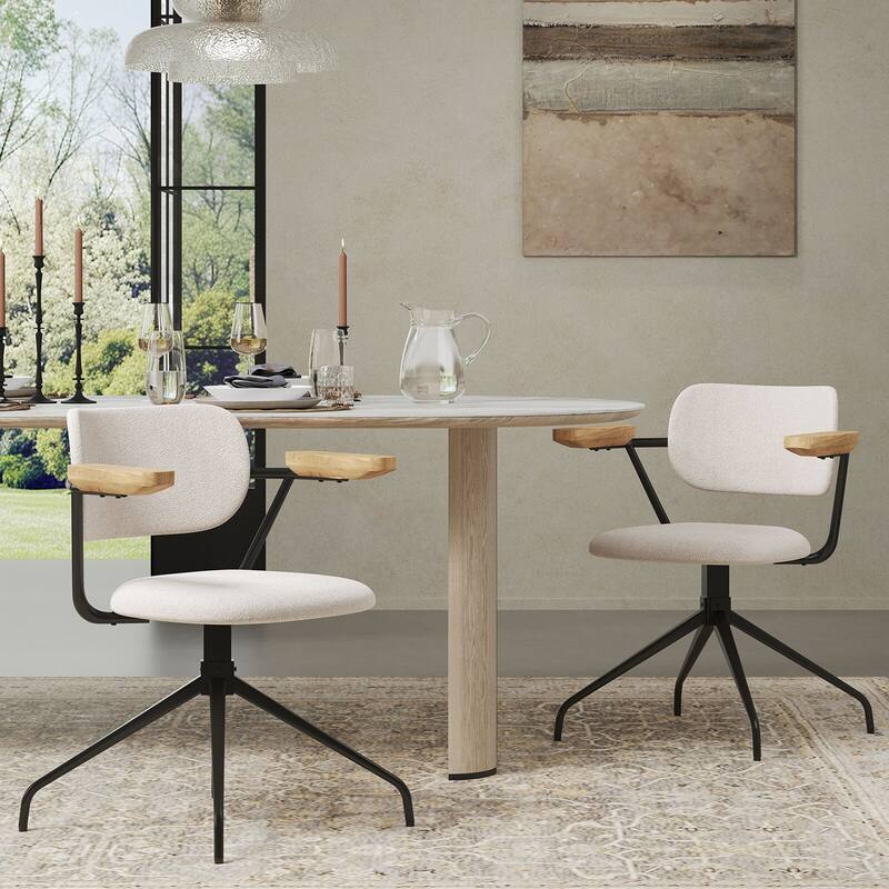 Modern Upholstered Swivel Chair With Solid Wood Arms And Metal Frame - White