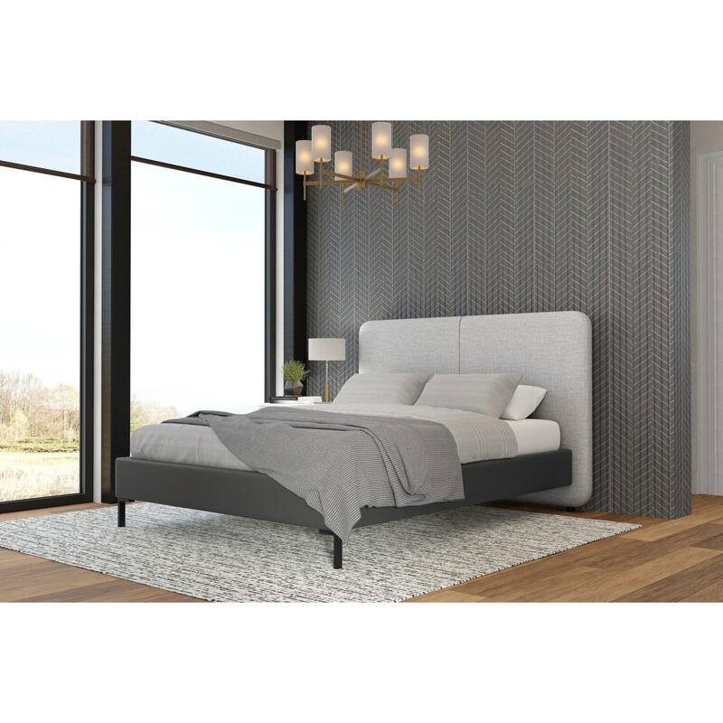 Medieval Majesty Bed - Low Profile Platform Bed - Faux Leather & Linen - Metal Legs - 69"W x 84"D x 51"H